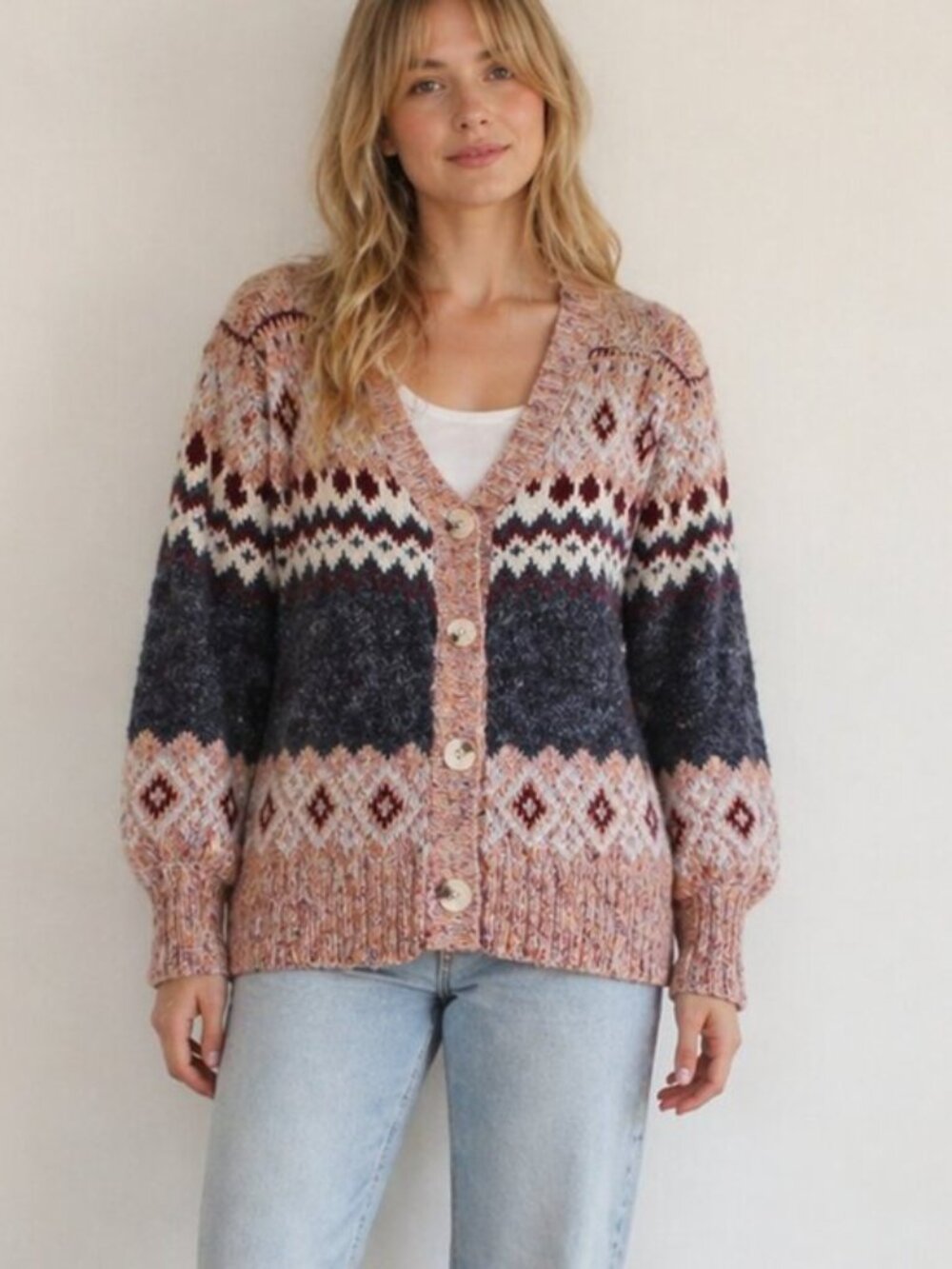 Fair Isle Cardigan Sweater Women Sz Large Cozy Boho Nordic Knit Button Front